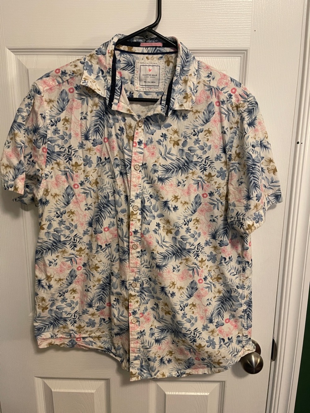 Original Penguin White Short-Sleeve Floral Button-Down Shirt in Blue and Pink